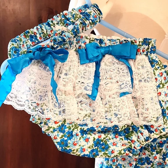 HANDMADE BABY GIRLS 3 PC BLUE, WHITE, ORANGE DRESS OUTFIT SET - Picture 7 of 9